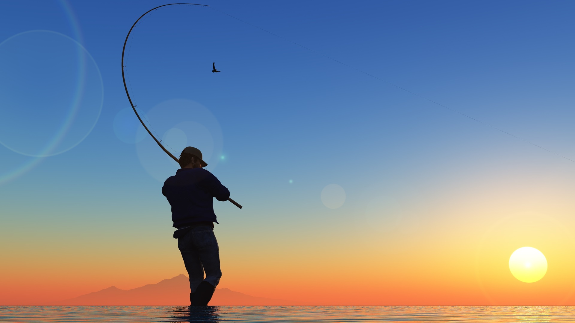 20118972 – fisherman silhouette at sunset.